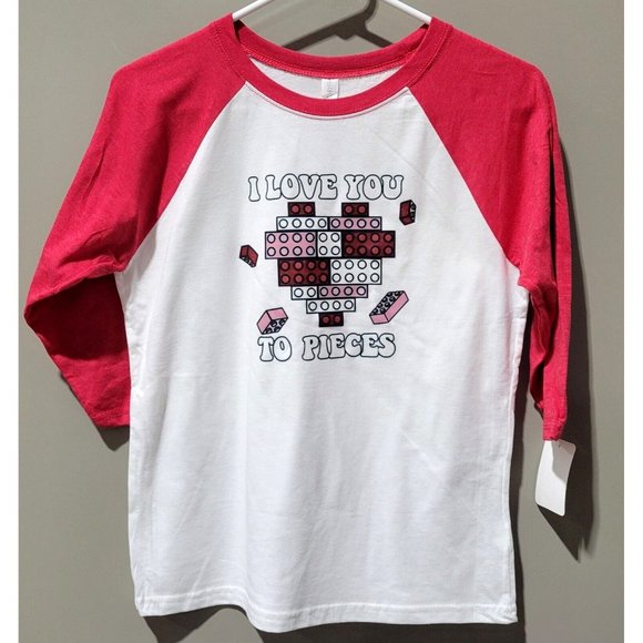 I LOVE YOU TO PIECES Youth Large 10/12 Red 3/4 Raglan Sleeve Valentine's Day Tee - Picture 1 of 6
